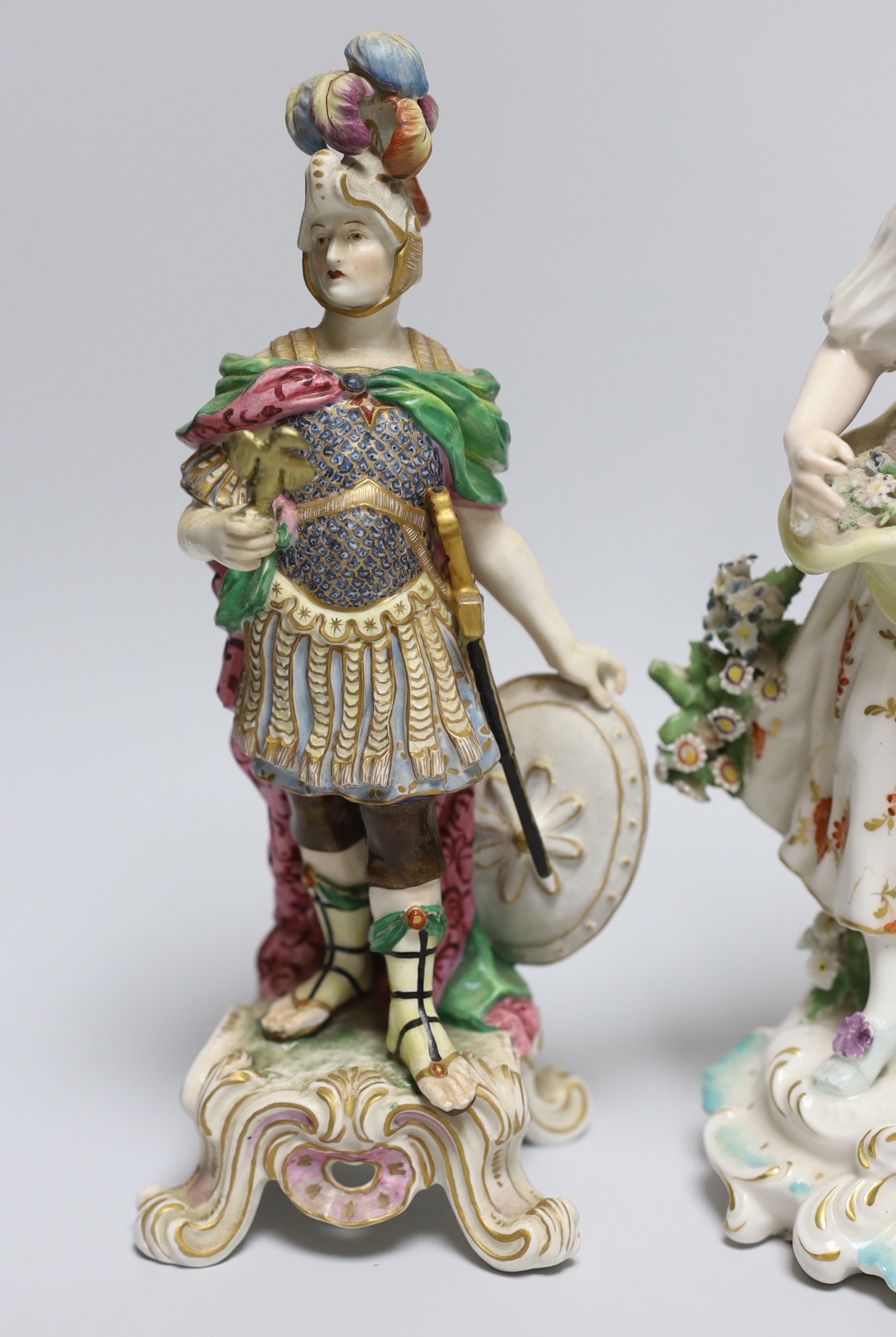 A Derby Shepherdess figure and two allegorical figures possibly Samson, tallest, 25cm